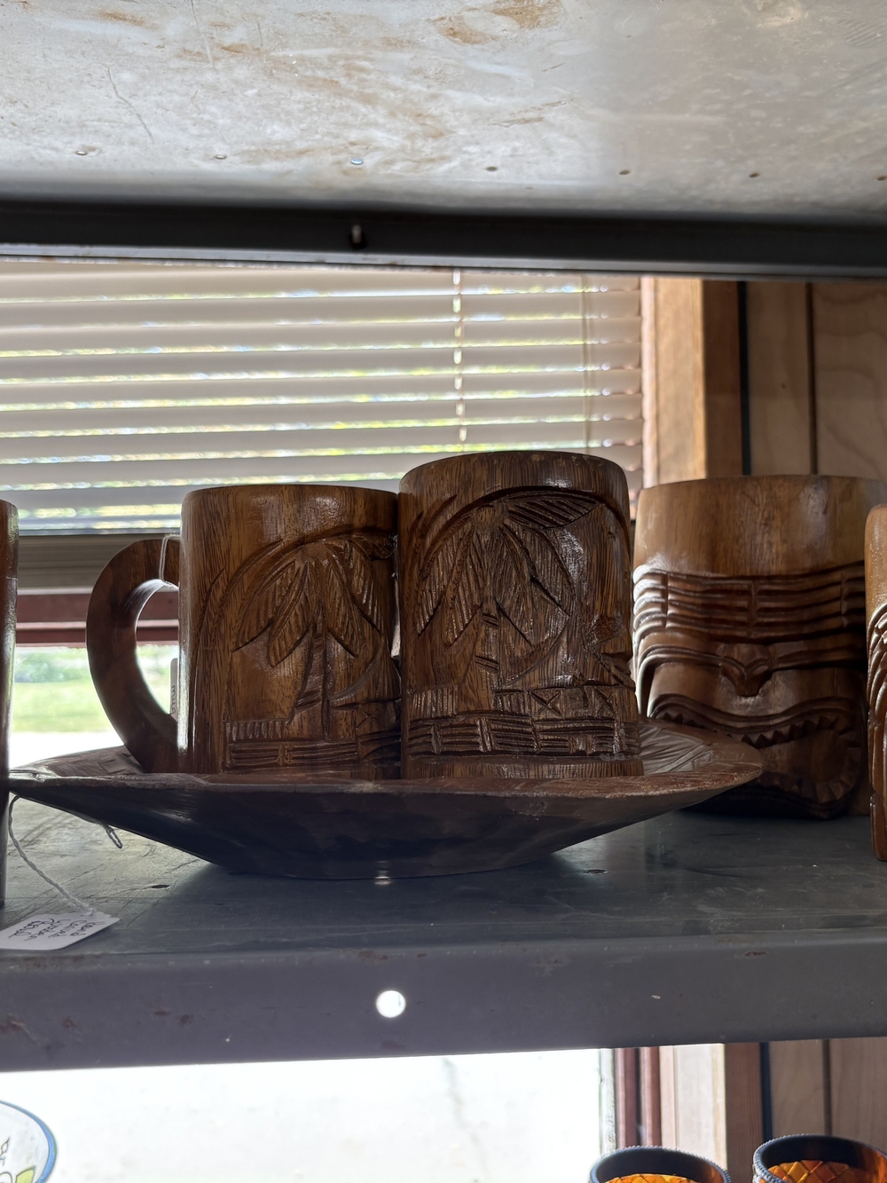 Hand-Carved Wooden Mug Set in Brown - Rustic Home Dining